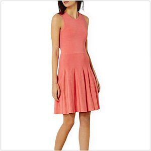 Karen Millen Coral Pink Ribbed Stretch Knit Skater Fit Flare Dress NEW NWOT S